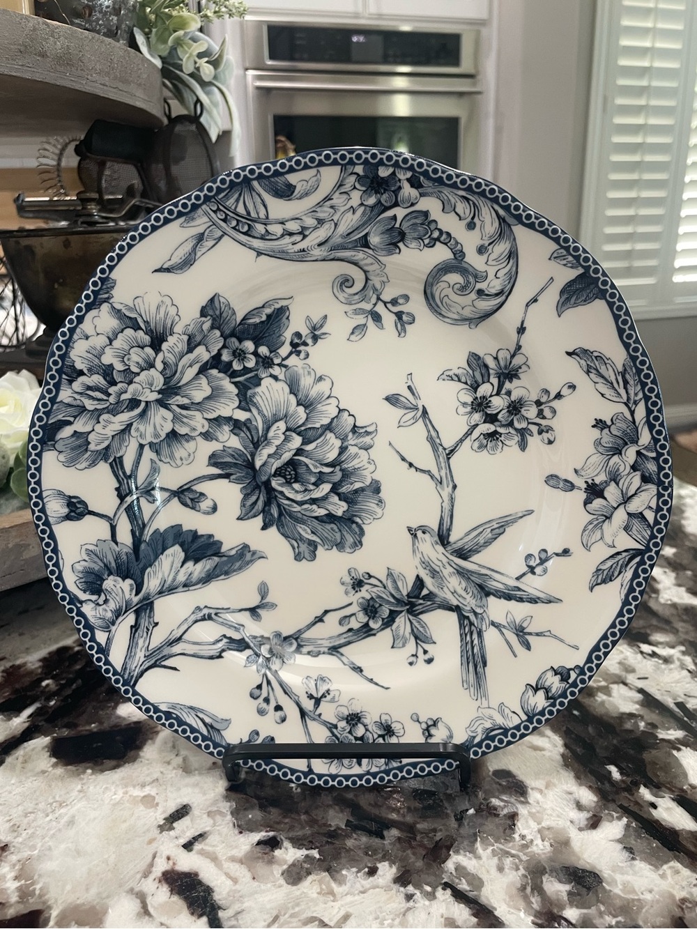 222 Fifth Adelaide Blue White Porcelain Fine China Salad Plate with Bird Motif